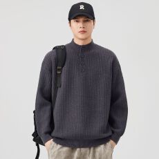 批发针织衫男秋冬季新款套头立领纽扣套头百搭毛衣日系复古宽松潮流