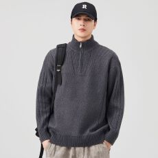 批发半拉链立领套头针织衫男士日系复古百搭毛衣外套秋冬季宽松重磅