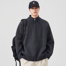 批发拉链开衫毛衣男士美式重磅纯色立领针织衫秋冬季新款毛线衣外套