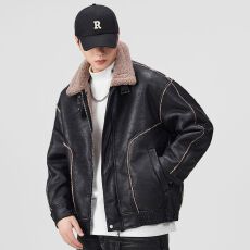 皮毛一体棉服男士冬季新款日系复古立领宽松加厚保暖棉衣外套