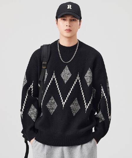 라운드 넥 자카드 스웨터 남성 일본식 레트로 루즈핏 풀오버 니트 스웨터 다용도 캐주얼 가을 겨울철 새로운 재킷