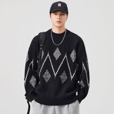 圆领提花毛衣男士日系复古宽松套头针织衫百搭休闲秋冬季新款外套