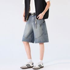 批发实拍2026夏季新款<b class='q'>韩版</b>牛仔中裤男宽松直筒工装裤美式复古休闲短裤