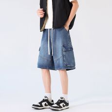 批发实拍夏季新款工装大口袋牛仔五分裤男宽松全<b class='q'>松紧</b>抽绳休闲百搭中裤