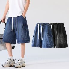 批发实拍夏季新款工装大口袋牛仔五分裤男宽松全<b class='q'>松紧</b>抽绳休闲百搭中裤