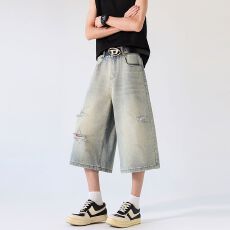 批发实拍2026夏季新款复古破洞牛仔<b class='q'>七分裤</b><b class='q'>男</b>痞帅潮牌宽松直筒休闲<b class='q'>短裤</b>