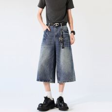 批发夏季新款美式复古高腰闪电宽松阔腿<b class='q'>短裤</b>百搭垂感直筒七分牛仔裤