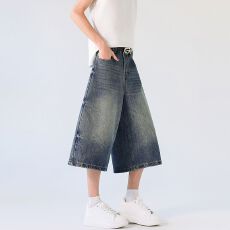 批发实拍2026夏季新款美式复古宽松阔腿<b class='q'>短裤</b>百搭垂感直筒<b class='q'>七分裤</b>牛仔裤