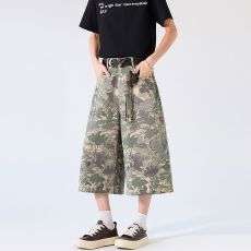 批发夏季新款美式复古高腰宽松阔腿<b class='q'>短裤</b>百搭垂感直筒<b class='q'>七分裤</b>牛仔裤<b class='q'>男</b>