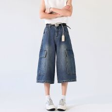 批发夏季2026新款美式复古高腰宽松阔腿<b class='q'>短裤</b>百搭垂感直筒<b class='q'>七分裤</b>牛仔裤