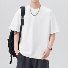 批发夏季新款纯色重磅短袖T恤男百搭圆领复古宽松半袖上衣