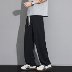 实拍2026夏季冰丝裤子男潮流港风百搭宽松直筒垂坠感阔腿休闲裤