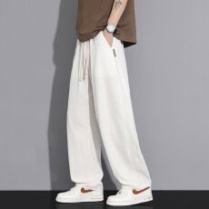 实拍2026夏季冰丝裤子男潮流百搭绣标宽松直筒垂坠感阔腿休闲裤男