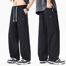 实拍2026夏季新款复古仿牛仔洗水直筒休闲裤男松紧腰系绳裤子