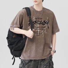 批发实拍2026夏季新款230克重磅洗水炒雪花宽松版型纯棉T恤短袖男