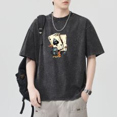 批发实拍2026夏季新款230克重磅洗水趣味印花宽松版型纯棉T恤短袖男