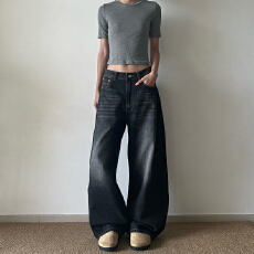 美式复古新款水洗闪电爆裂纹弯刀弧形牛仔裤cleanfit宽松百搭裤子