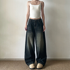复古水洗做旧扎花直筒牛仔裤男女宽松美式高街长裤中性百搭牛仔裤
