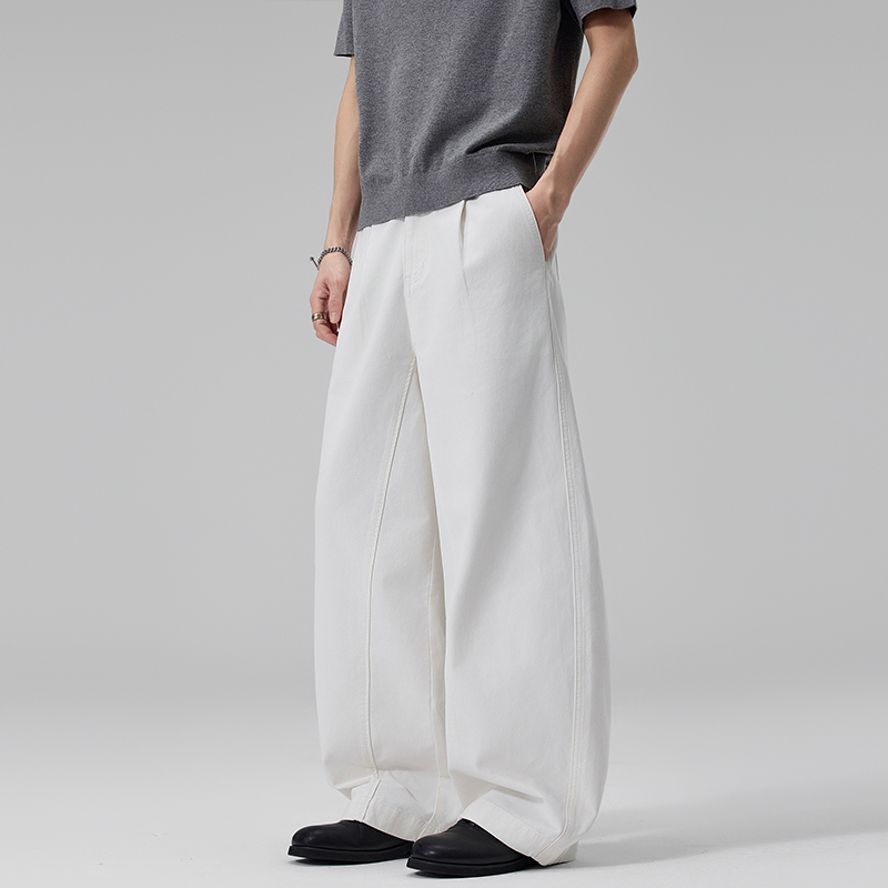 실사 2026 봄 여름 새로운 곡선 루즈핏 기초 패치워크 주름 캐주얼 바지 남녀 스트레이트 중성 롱 바지