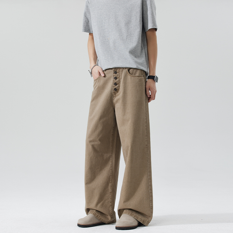 아메리칸 레트로 석재 연마 밀 귀 단추 디자인 센스 스트레이트 다용도 한 마디 캐주얼 바지 남녀 중성 트렌디 루즈핏 바지