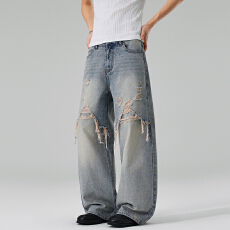 实拍2026新款美式个性破洞割烂潮裤宽松直筒牛仔裤男女中性长裤