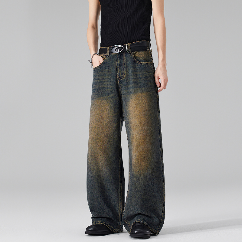한국 스타일 트렌드 새로운 푸른 녹 노스탤지어 색상 청바지 남녀 스트레이트 루즈핏 아메리칸 다용도 중성 롱 바지 트렌디