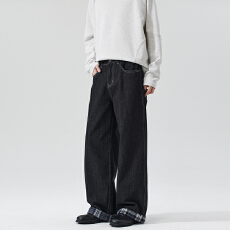 批发2026春夏格子拼接卷边裤原牛色宽松直筒牛仔裤男女A字潮复古长裤