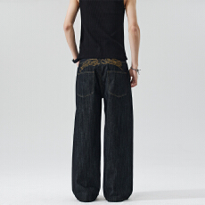 批发新款美式复古绣花字母潮牌原色粗斜纹牛仔裤男女vintage宽松百搭