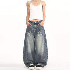 批发2026新款设计感前贴袋激光印花弯刀弧形解构宽松牛仔裤男女中性款