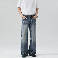 批发2026新款潮牌时尚百搭休闲复古猫须水洗A字宽松直筒中性牛仔裤男