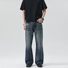 批发新款复古怀旧蓝水洗猫须微喇版型牛仔裤男女潮百搭通勤蜂窝猫须