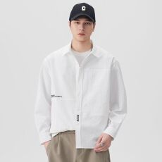 批发实拍新款<b class='q'>长袖</b><b class='q'>衬衫</b><b class='q'>男</b>翻领字母刺绣日系复古纯色<b class='q'>衬衣</b>外套百搭休闲