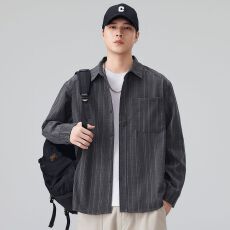 批发实拍新款条纹<b class='q'>衬衫</b><b class='q'>男</b>士<b class='q'>长袖</b>翻领日系复古百搭休闲潮流简约上衣