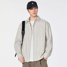 实拍2026新款条纹衬衫男士日系复古翻领宽松开衫衬衣外套百搭休闲