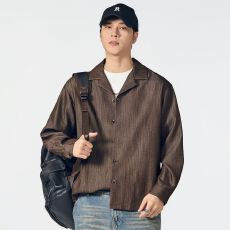 实拍2026新款日系复古翻领纯色工装衬衫男百搭休闲褶皱衬衣外套
