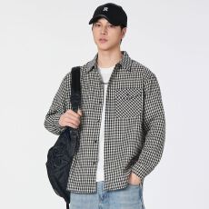 实拍2026新款长袖格子衬衫男士日系翻领宽松潮流衬衣外套百搭休闲