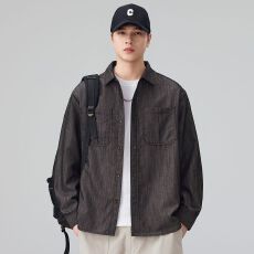 实拍2026春季新款翻领长袖衬衫男士日系工装纯色衬衣百搭休闲外套