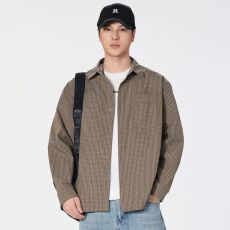 实拍2026新款细格子长袖衬衫男日系复古翻领口袋衬衣外套百搭潮流