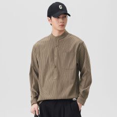 批发实拍2026新款<b class='q'>长袖</b>条纹<b class='q'>衬衫</b><b class='q'>男</b>立领<b class='q'>衬衣</b>日系复古口袋百搭休闲潮流