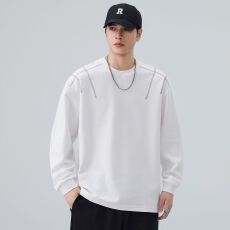 批发实拍2026新款长袖T恤男<b class='q'>日系</b><b class='q'>复古</b>圆领宽松潮流简约明线纯色打底衫