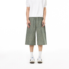 批发美式复古简约百搭廊型六分格子裤男女夏季通勤休闲宽松七分短<b class='q'>裤子</b>