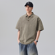 日系复古洗水纯棉短袖Polo衫男2026夏季宽松纯色百搭休闲翻领T恤