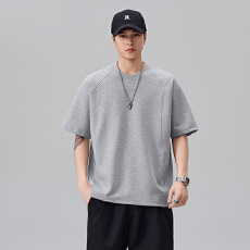 实拍2026夏季结构款拼接短袖T恤男宽松纯色圆领纯棉上衣