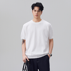 实拍2026夏季新款纯色针织短袖T恤男宽松透气百搭圆领打底衫