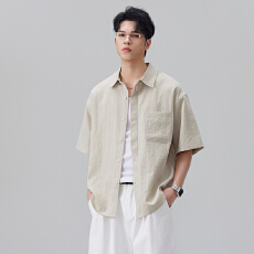 批发实拍2026夏季新款纯色<b class='q'>短袖</b>衬衫<b class='q'>男</b>宽松休闲翻领开衫衬衣