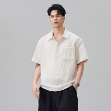 批发实拍2026夏季新款老钱风亚麻Polo领衬衫<b class='q'>男</b>天丝凉感<b class='q'>短袖</b>衬衣