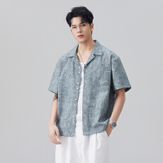 批发实拍2026夏季新款古巴领<b class='q'>短袖</b>衬衫<b class='q'>男</b>复古老钱风纹理感休闲衬衣