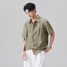 批发实拍2026夏季新款扎染<b class='q'>短袖</b>衬衫<b class='q'>男</b>天丝凉感休闲翻领衬衣