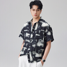 批发实拍2026夏季新款亚麻<b class='q'>短袖</b>衬衫<b class='q'>男</b>士扎染印花休闲宽松透气衬衣