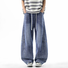 批发实拍2026新款弯刀<b class='q'>牛仔裤</b>男美式阔腿裤直筒宽松水洗复古拼接长裤